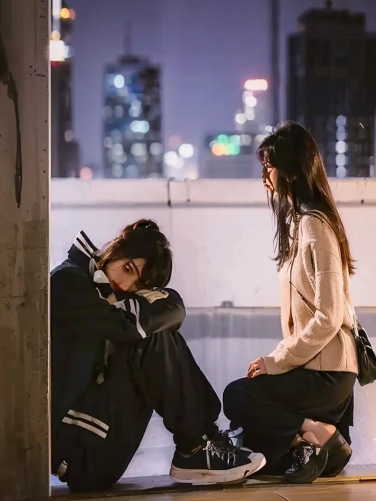 araffe and a woman sit on the floor in a city at night, sitting on the roof of a high-rise building, Rooftop Romantic, sit on the floor, sits on the rooftop, on the rooftop, girl sitting on the rooftop, on the rooftop, on the rooftop, Hugging your knees, Hugging your knees, Looking at each other without thinking, Nico Henrichon(Niko Henrichon)