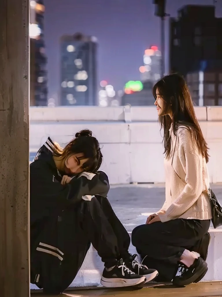 araffe and a woman sit on the floor in a city at night, sitting on the roof of a high-rise building, Rooftop Romantic, sit on the floor, sits on the rooftop, on the rooftop, girl sitting on the rooftop, on the rooftop, on the rooftop, Hugging your knees, Hugging your knees, Looking at each other without thinking, Nico Henrichon(Niko Henrichon)