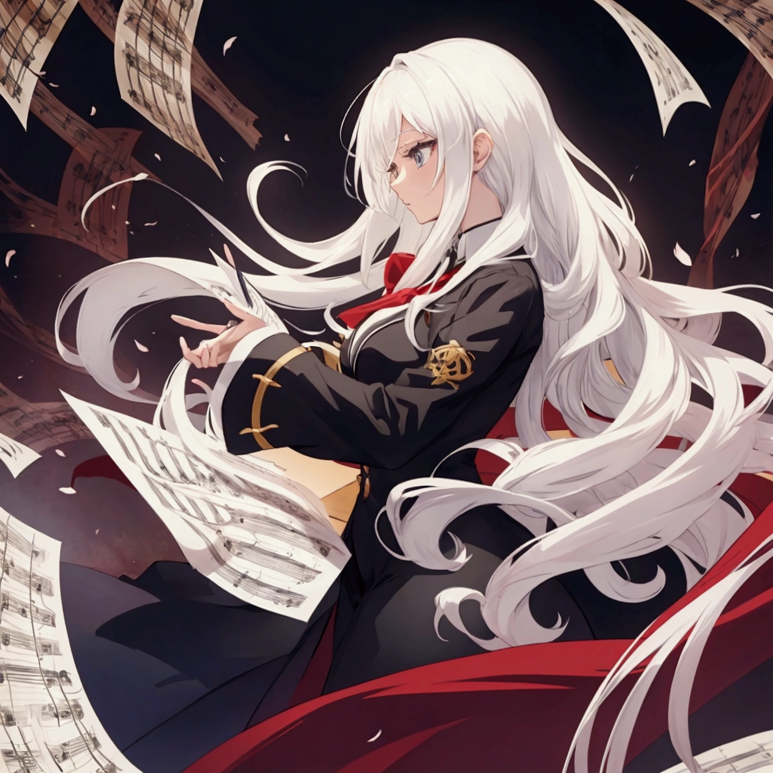 anime woman with long white hair wearing orchestra conductor outfit and holding sheet music. for YouTube profile photos