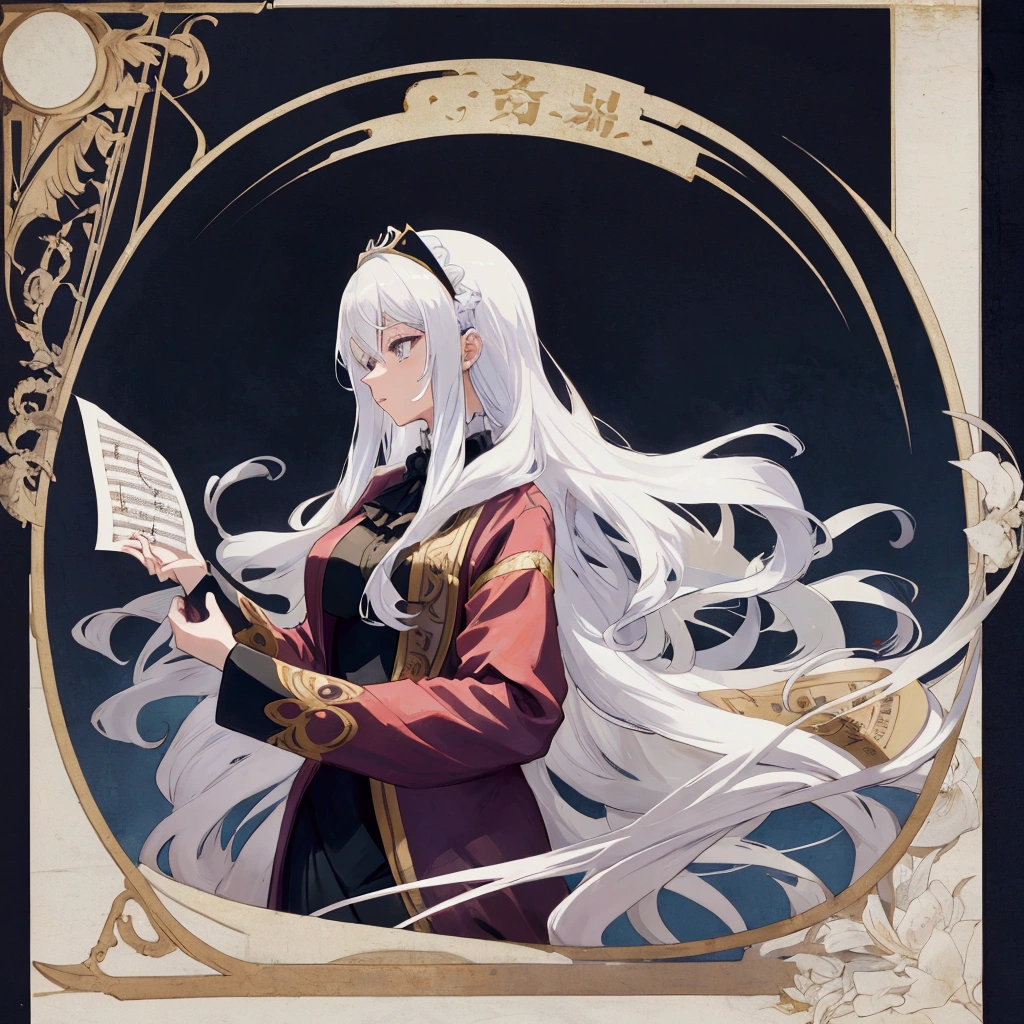 anime woman with long white hair wearing orchestra conductor outfit and holding sheet music. for YouTube profile photos