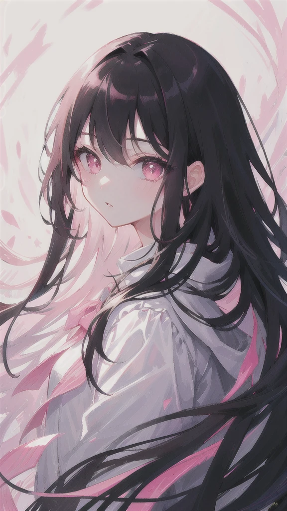 masterpiece, best quality, ultra-detailed, illustration, portrait, 1girl, black_hair, pink eyes,  long hair,  ,
