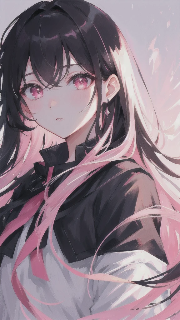 masterpiece, best quality, ultra-detailed, illustration, portrait, 1girl, black_hair, pink eyes,  long hair,  ,