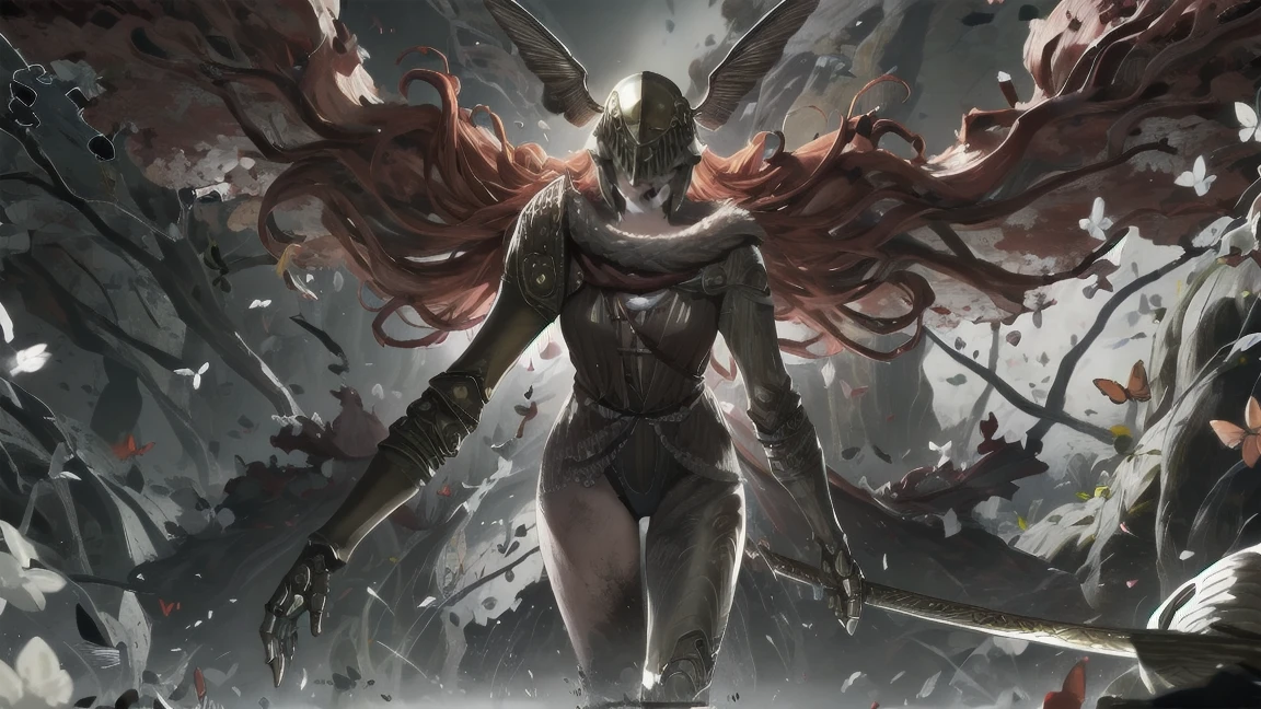 1 girl, ultra sharp image, Portrait of a girl, Gothic style, fantasy, beautiful figure, beautiful, full length (full body 1.1.), battlefield, swords stuck into the ground in the background, Red sunset, slender legs, buttocks, slender legs, Wasp waist, sexy, fighting pose, fighting stance, only,helmet,light-skinned Женский, One, long curved sword in hand