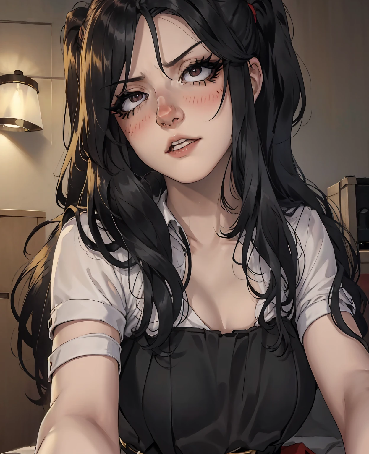 a girl with long black hair, pale skin, dark beautiful eyes, doll-like features, concerned expression, detailed face, 1girl, intricate details, delicate, elegant, photorealistic, high quality, 8k, ultra-detailed, masterpiece, hyper realistic, studio lighting, physically-based rendering, sharp focus, vivid colors, natural lighting, dramatic lighting, cinematic, chiaroscuro, dark fantasy