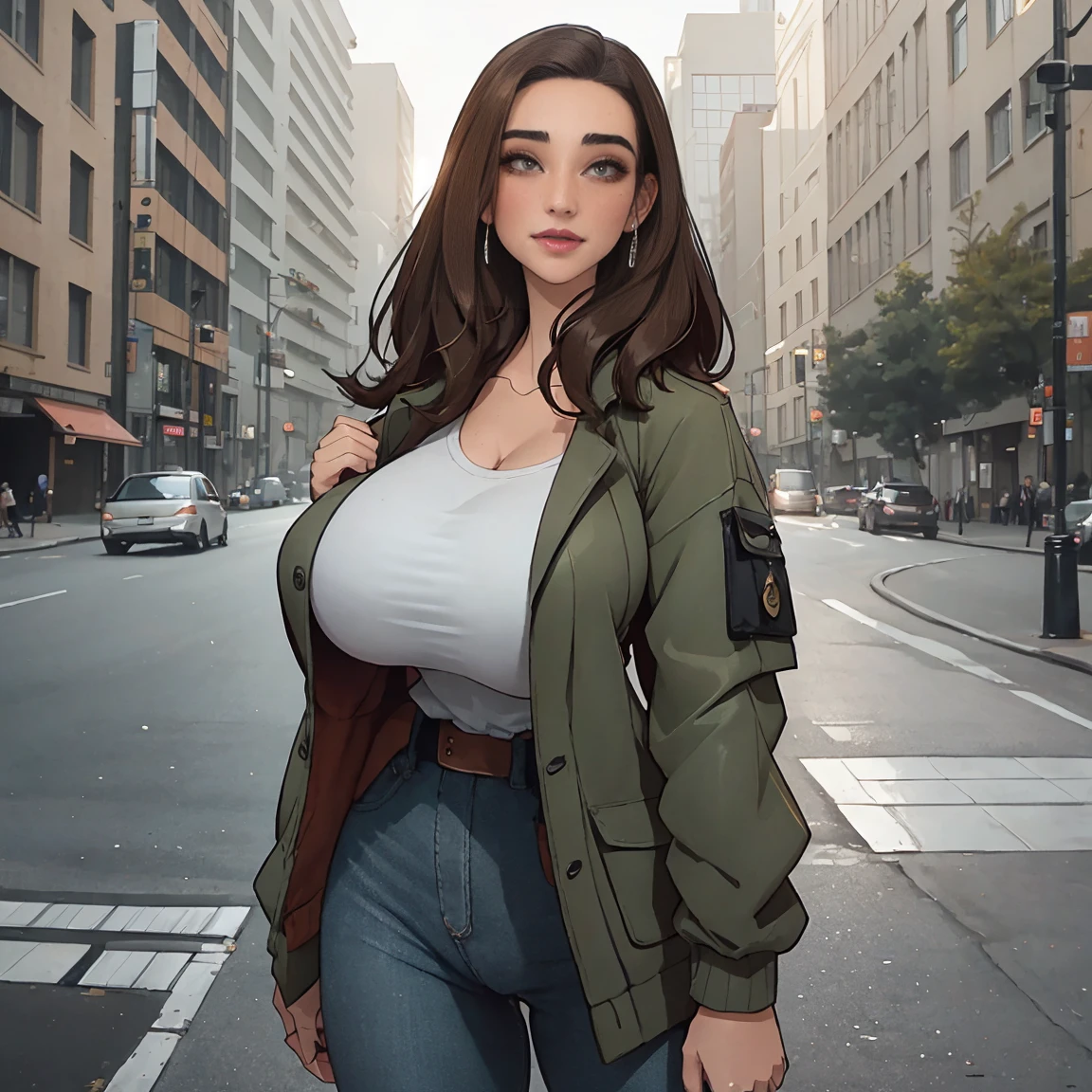 Extremely busty thin and toned brunette photographer, college girl, fair skin, loose side sweep, soft face, athletic, bandana babushka headwrap, tight olive green casual windbreaker, skinny jeans. standing in front of her apartment building, outdoors, city, camera bag, cleavage