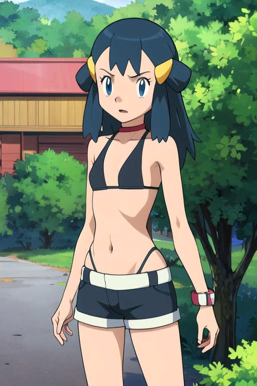 masterpiece, best quality, highres, 1girl, solo, dawn (pokemon), , bikini, shorts, , outdoors, wide shoulders, horny look, half naked,