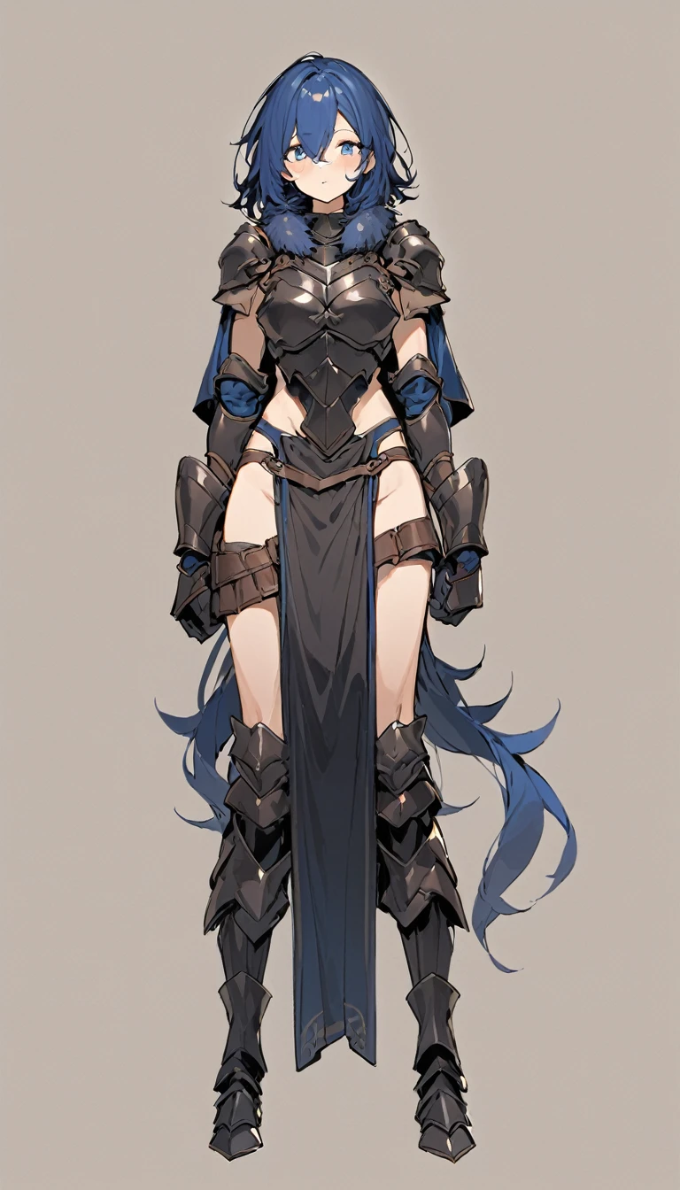 female,simple background,((whole body)),((from front)),
 from right in front of face and body,standing position,perfect hand,
deep blue hair,medium hair,(messy hair:0.8),chest armor made of leather,
fur on neck,(pelvic curtain),brown cloak,leg armor, (leather armor),
black armor,Sleeveless,long gloves,(crop top look:0.8),wiry,athletic,