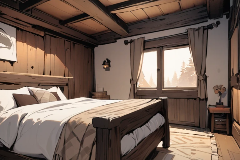 A bedroom in a cabin, in the background there is a bed, brown tones., ((high quality)), ((masterpiece)), ((detailed)), no one