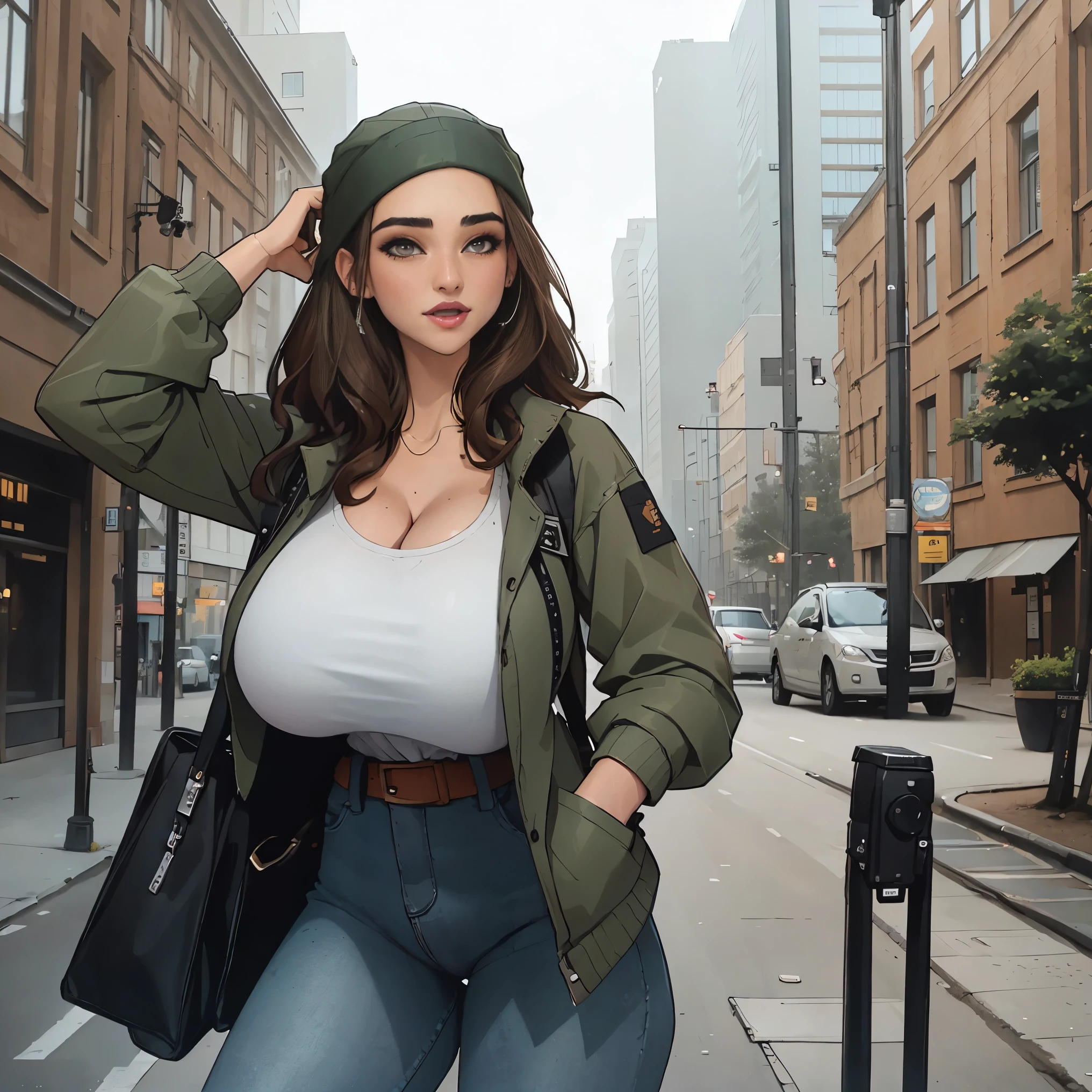 Extremely thin and toned brunette photographer, college girl, fair skin, loose side sweep, soft face, athletic, bandana babushka headwrap, tight olive green casual windbreaker, skinny jeans. standing in front of her apartment building, outdoors, city, camera bag, cleav