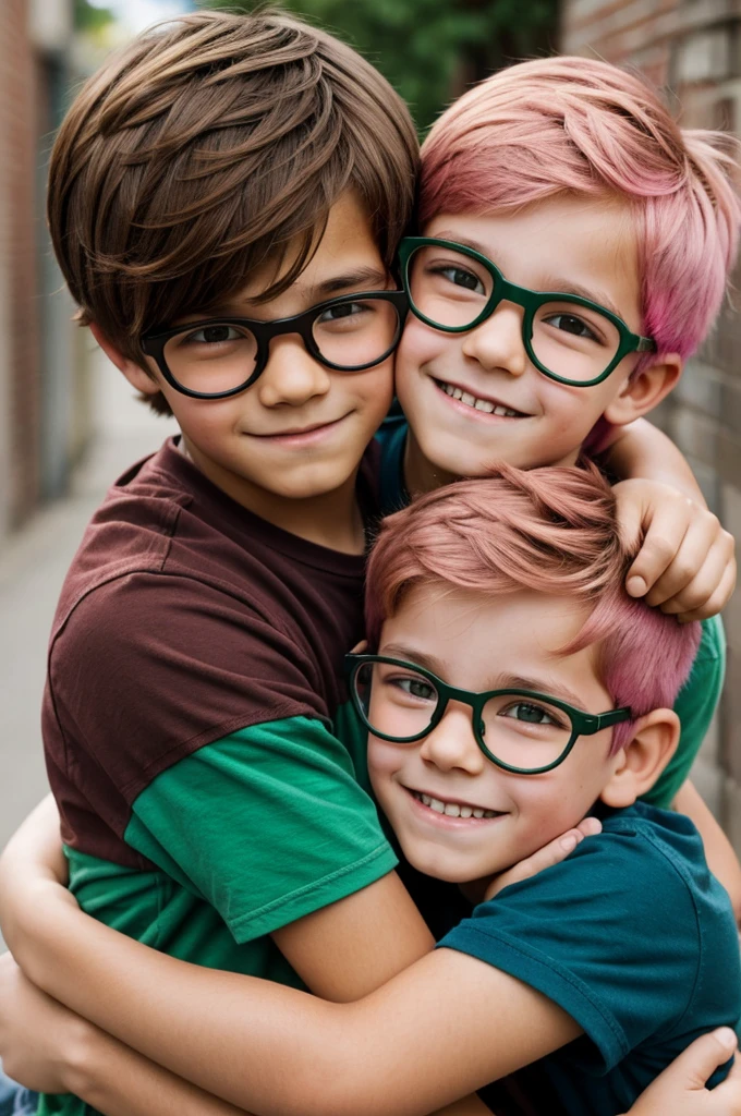 A boy with brown hair lovingly hugging a boy with pink hair and green glasses