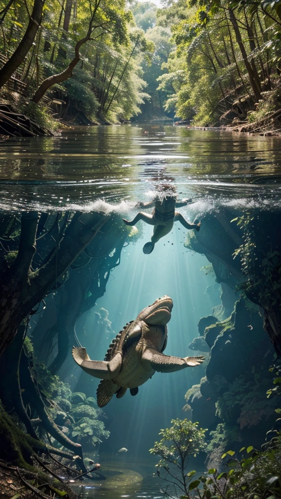 a dramatic scene of a river with a visible above and below water perspective. Above the water, show two men helping to pull another man out of the river, with expressions of fear and urgency. Below the water, depict a large crocodile with its mouth open, showcasing its sharp teeth, swimming towards the group above. The surrounding environment is a dense forest with large trees and sprawling roots around the riverbank. The water is clear enough to see both the surface activity and the underwater threat in vivid detail.