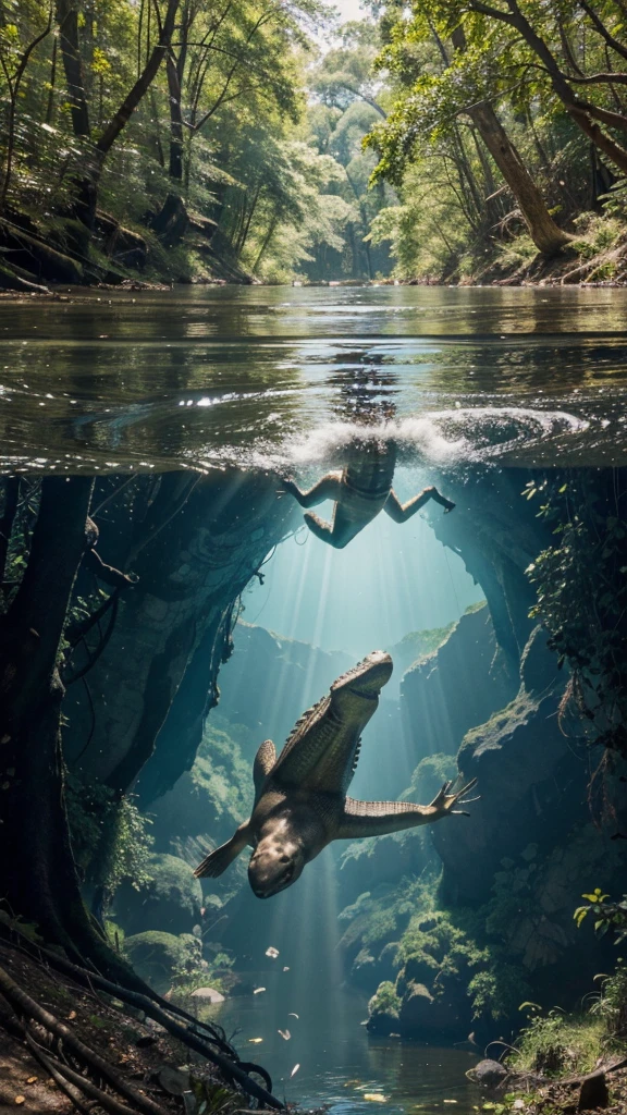 a dramatic scene of a river with a visible above and below water perspective. Above the water, show two men helping to pull another man out of the river, with expressions of fear and urgency. Below the water, depict a large crocodile with its mouth open, showcasing its sharp teeth, swimming towards the group above. The surrounding environment is a dense forest with large trees and sprawling roots around the riverbank. The water is clear enough to see both the surface activity and the underwater threat in vivid detail.