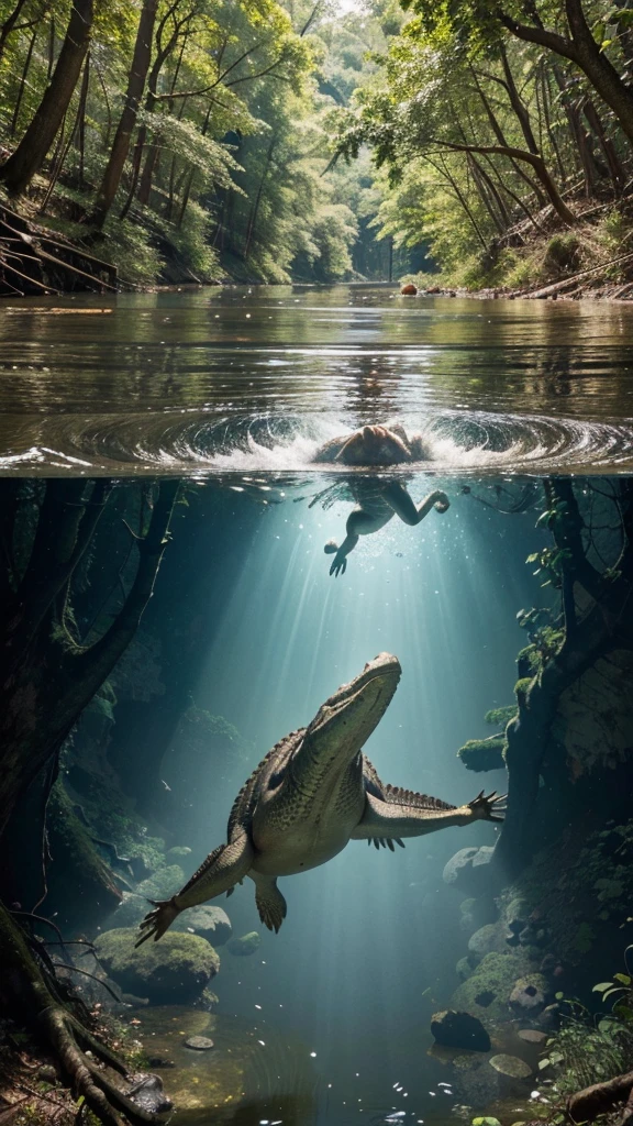 a dramatic scene of a river with a visible above and below water perspective. Above the water, show two men helping to pull another man out of the river, with expressions of fear and urgency. Below the water, depict a large crocodile with its mouth open, showcasing its sharp teeth, swimming towards the group above. The surrounding environment is a dense forest with large trees and sprawling roots around the riverbank. The water is clear enough to see both the surface activity and the underwater threat in vivid detail.