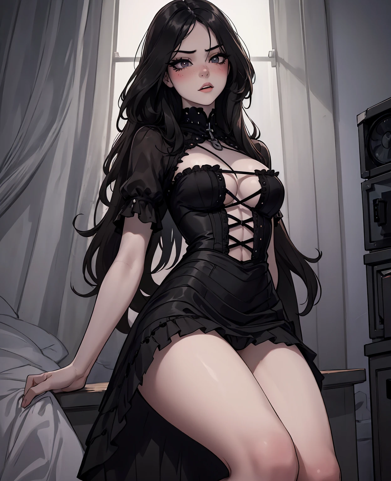 a girl with long black hair, pale skin, and beautiful dark eyes, doll-like face, worried expression, intricate detailed portrait, realistic, photorealistic, HDR, 8K, realistic lighting, cinematic composition, moody atmosphere, chiaroscuro lighting, dramatic shadows, high contrast, cool color palette