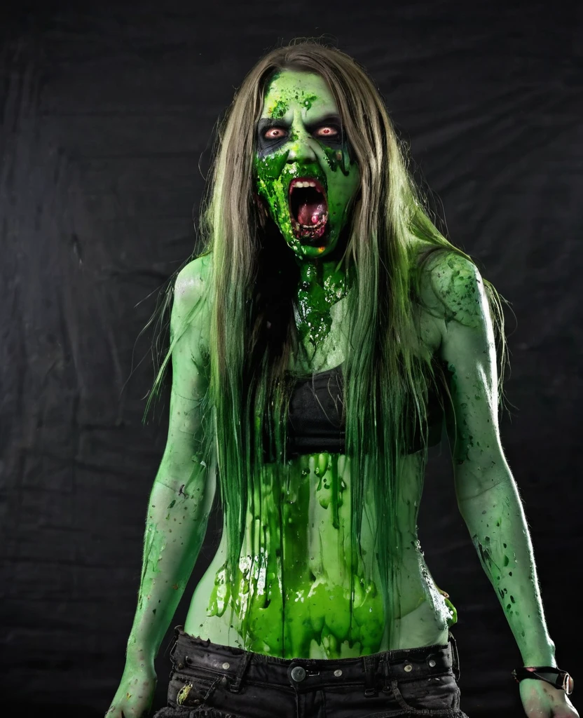 Zombie long hair, female zombie, (green acidic vomiting, villain, (open mouth and vomit puke green toxic), full body, full body view,