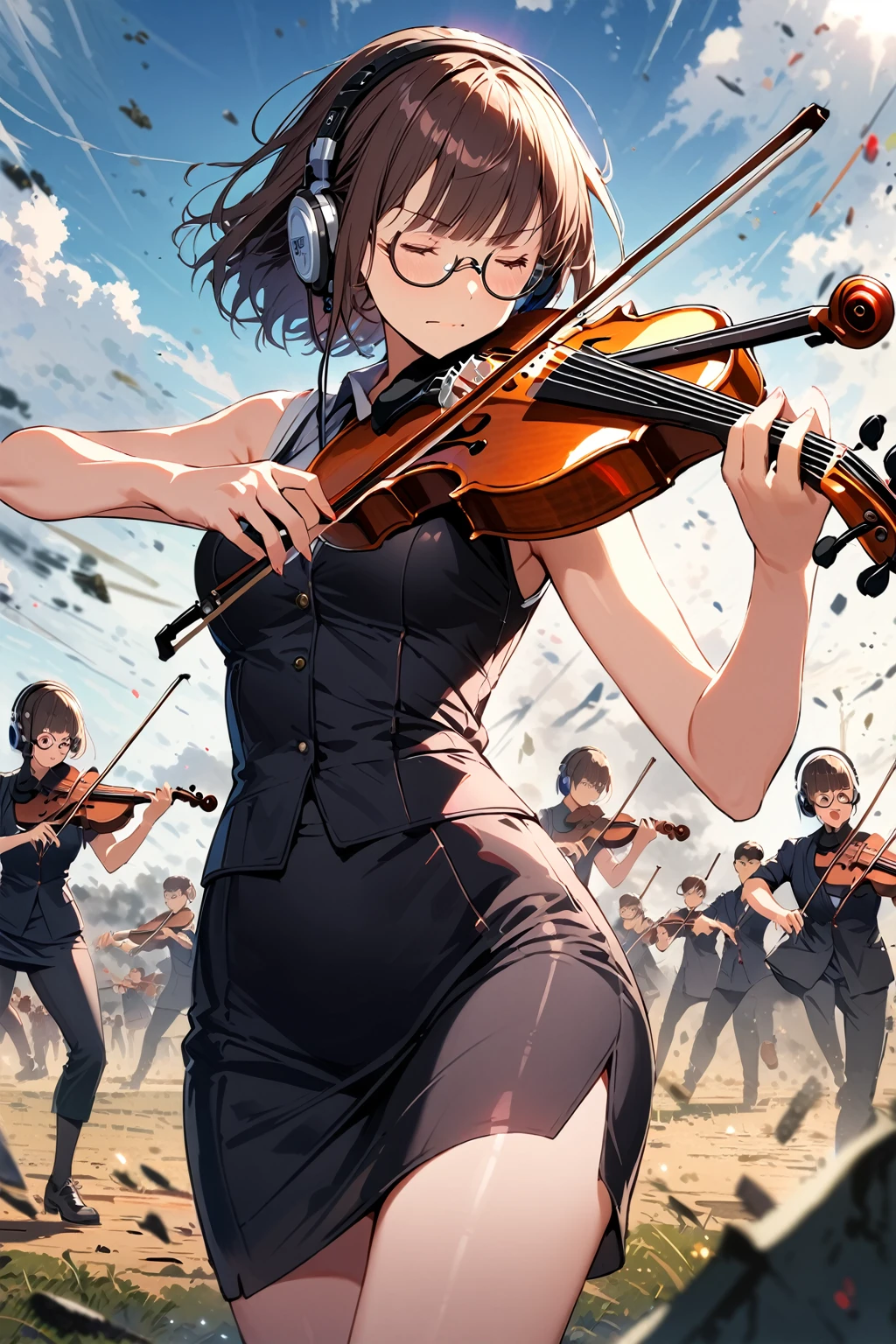 (extremely detailed fine touch:1.3), (((semi-rimless round eyewear:1.3))), (headphone:1.2), short hair, blunt bangs, 1girl, Playing a violin, pencil skirt, bare arms, battle field,
