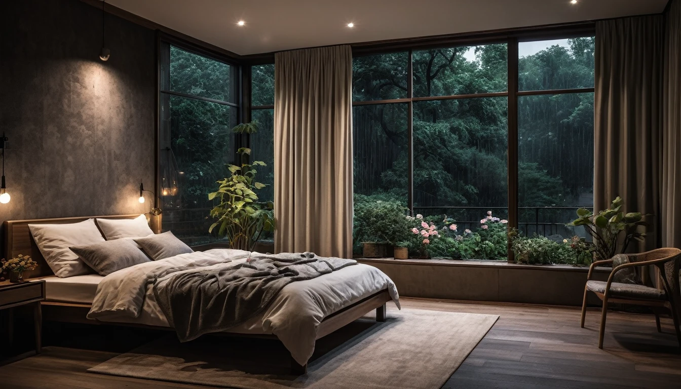 The picture shows a cozy gloomy bedroom, with a large window offering a view of a beautiful, dimly lit garden AND a garden soaked in FLOWERS, the cobblestones of the Japanese house concept. CINEMATIC, JAPANESE HOUSE, the shape of a Japanese house, and lots of flower gardens in the garden. The bed was unmade with rumpled sheets, indicating only a light sleep. the room is dark, gloomy, looks dim, gloomy. Beside the bed there is a small table with a classic lamp that radiates warm light into the room. Outside the window you can see the lush greenery of the terrace or balcony area, the rain is falling, the lamp on the left provides warm lighting, creating a calm and peaceful atmosphere. with fog obscuring part of the view in the distance. The contrast between the warmth indoors and the rain outdoors creates an inviting and calming atmosphere