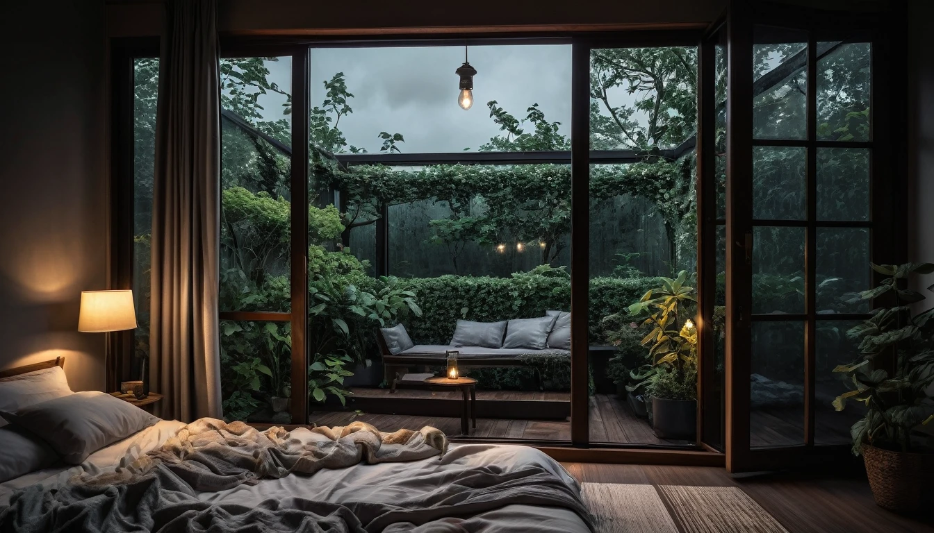 The picture shows a cozy gloomy bedroom, with a large window offering a view of a beautiful, dimly lit garden AND a garden soaked in FLOWERS, the cobblestones of the Japanese house concept. CINEMATIC, JAPANESE HOUSE, the shape of a Japanese house, and lots of flower gardens in the garden. The bed was unmade with rumpled sheets, indicating only a light sleep. the room is dark, gloomy, looks dim, gloomy. Beside the bed there is a small table with a classic lamp that radiates warm light into the room. Outside the window you can see the lush greenery of the terrace or balcony area, the rain is falling, the lamp on the left provides warm lighting, creating a calm and peaceful atmosphere. with fog obscuring part of the view in the distance. The contrast between the warmth indoors and the rain outdoors creates an inviting and calming atmosphere