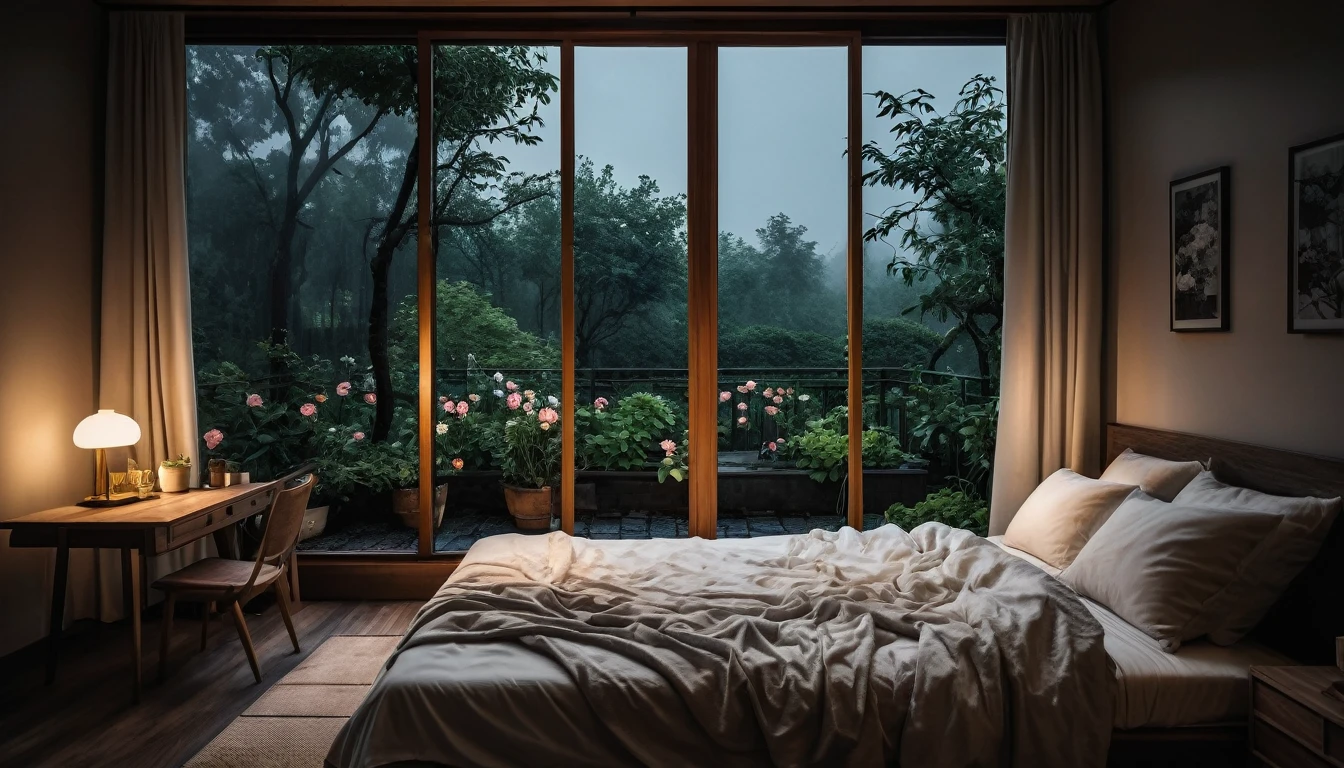 The picture shows a cozy gloomy bedroom, with a large window offering a view of a beautiful, dimly lit garden AND a garden soaked in FLOWERS, the cobblestones of the Japanese house concept. CINEMATIC, JAPANESE HOUSE, the shape of a Japanese house, and lots of flower gardens in the garden. The bed was unmade with rumpled sheets, indicating only a light sleep. the room is dark, gloomy, looks dim, gloomy. Beside the bed there is a small table with a classic lamp that radiates warm light into the room. Outside the window you can see the lush greenery of the terrace or balcony area, the rain is falling, the lamp on the left provides warm lighting, creating a calm and peaceful atmosphere. with fog obscuring part of the view in the distance. The contrast between the warmth indoors and the rain outdoors creates an inviting and calming atmosphere