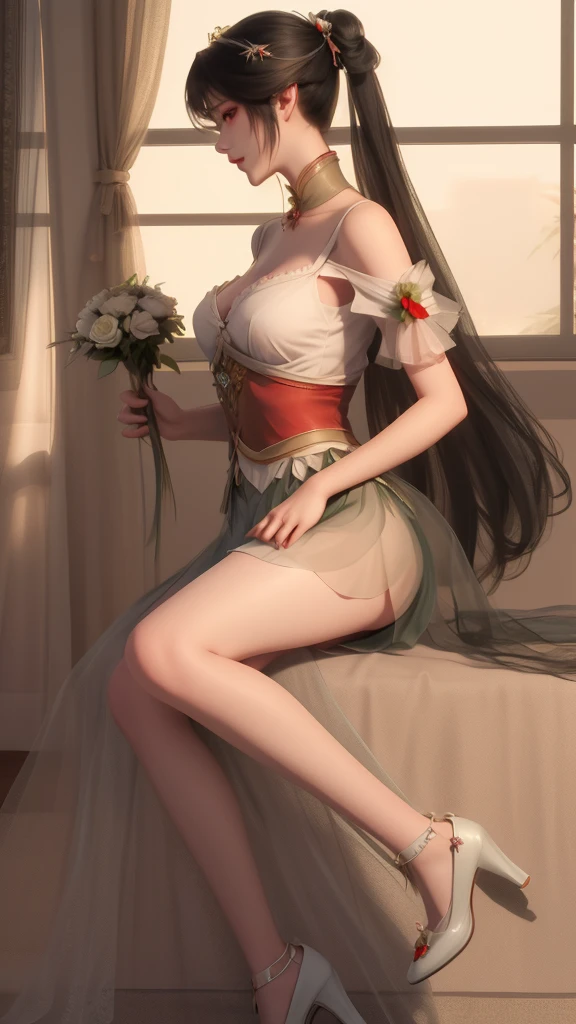 Limuwan,front-side view of a girl with long black hair wearing red tulle and red long skirt,red bra,with a bouquet of roses in his hand,white veil,high_heels,in the bedroom,sitting on the bed,highly detailed,ultra-high resolutions,32K UHD,best quality,masterpiece,solo,
