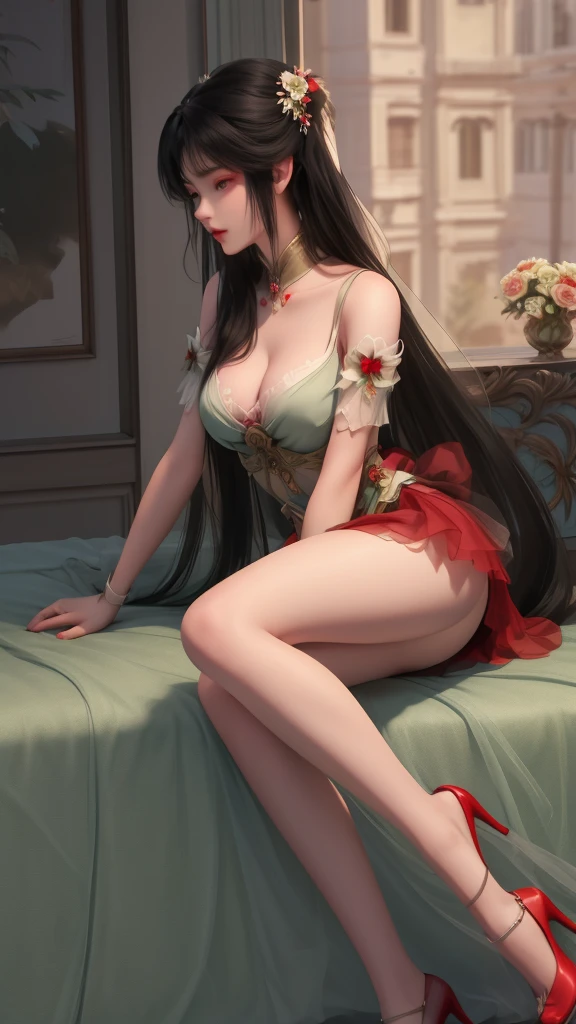 Limuwan,front-side view of a girl with long black hair wearing red tulle and red long skirt,red bra,with a bouquet of roses in his hand,white veil,high_heels,in the bedroom,sitting on the bed,highly detailed,ultra-high resolutions,32K UHD,best quality,masterpiece,solo,