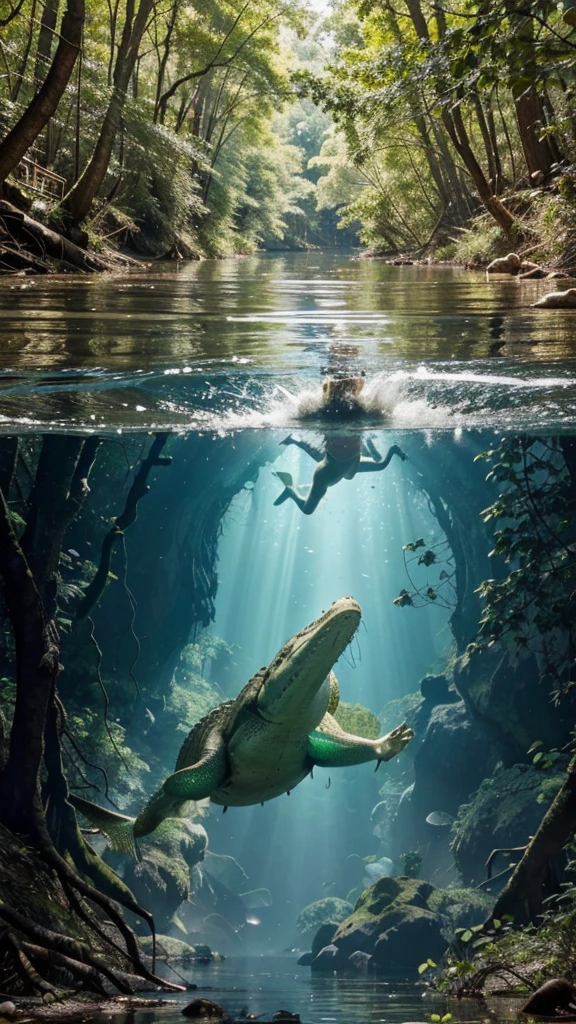 a dramatic scene of a river with a visible above and below water perspective. Above the water, show two men helping to pull another man out of the river, with expressions of fear and urgency. Below the water, depict a large crocodile with its mouth open, showcasing its sharp teeth, swimming towards the group above. The surrounding environment is a dense forest with large trees and sprawling roots around the riverbank. The water is clear enough to see both the surface activity and the underwater threat in vivid detail.