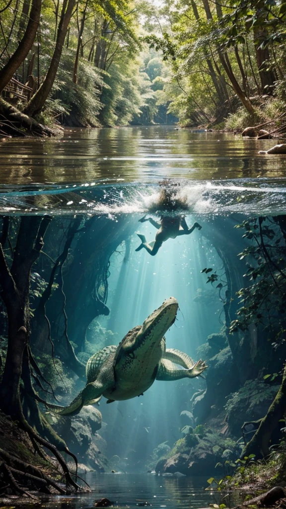 a dramatic scene of a river with a visible above and below water perspective. Above the water, show two men helping to pull another man out of the river, with expressions of fear and urgency. Below the water, depict a large crocodile with its mouth open, showcasing its sharp teeth, swimming towards the group above. The surrounding environment is a dense forest with large trees and sprawling roots around the riverbank. The water is clear enough to see both the surface activity and the underwater threat in vivid detail.