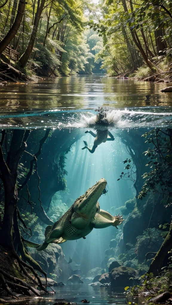 a dramatic scene of a river with a visible above and below water perspective. Above the water, show two men helping to pull another man out of the river, with expressions of fear and urgency. Below the water, depict a large crocodile with its mouth open, showcasing its sharp teeth, swimming towards the group above. The surrounding environment is a dense forest with large trees and sprawling roots around the riverbank. The water is clear enough to see both the surface activity and the underwater threat in vivid detail.