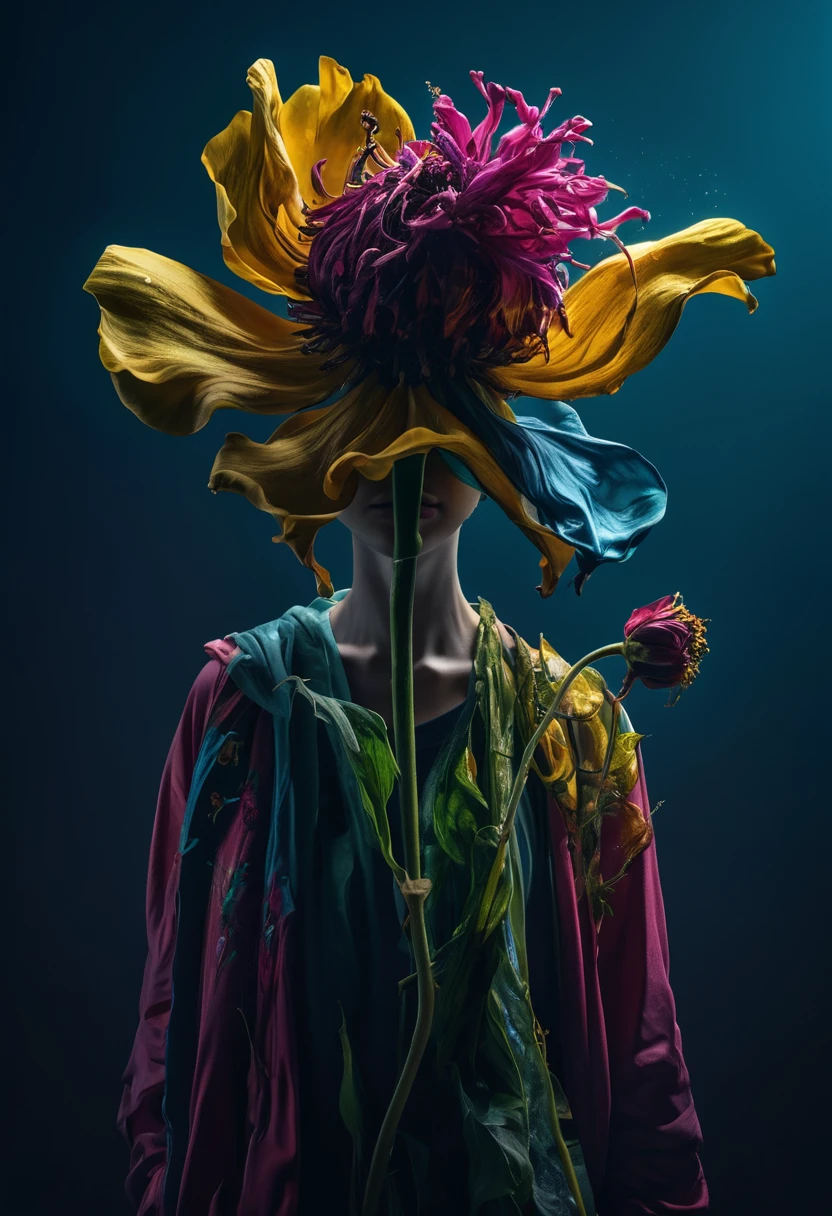 a human shaped wilted flower, portraits, disfigured forms, pop-culture-infused, hyper-realistic pop, surreal, photography, highly detailed, cinematic lighting, dramatic shadows, vibrant colors, intricate textures, masterpiece, 8k