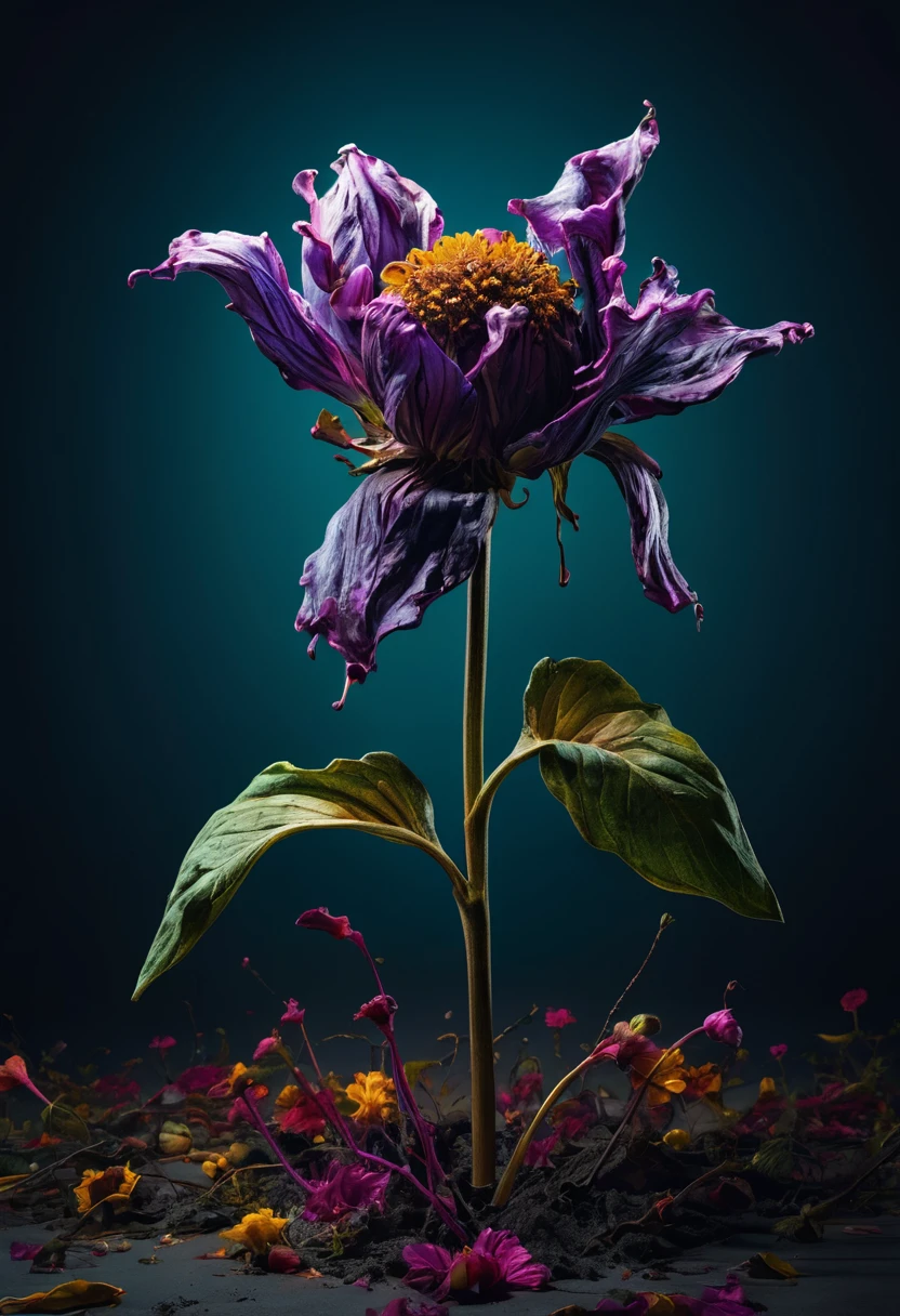 a human shaped wilted flower, portraits, disfigured forms, pop-culture-infused, hyper-realistic pop, surreal, photography, highly detailed, cinematic lighting, dramatic shadows, vibrant colors, intricate textures, masterpiece, 8k