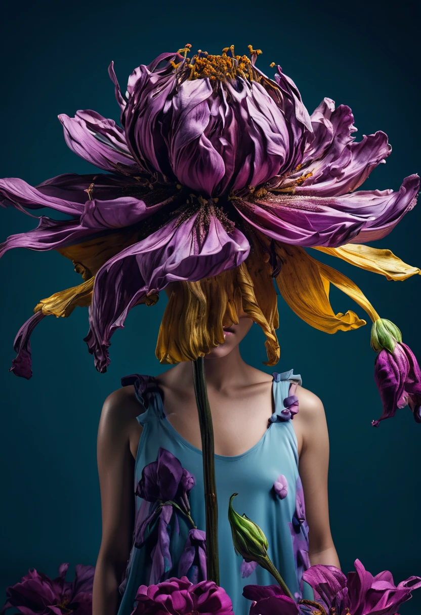 a human shaped wilted flower, portraits, disfigured forms, pop-culture-infused, hyper-realistic pop, surreal, photography, highly detailed, cinematic lighting, dramatic shadows, vibrant colors, intricate textures, masterpiece, 8k