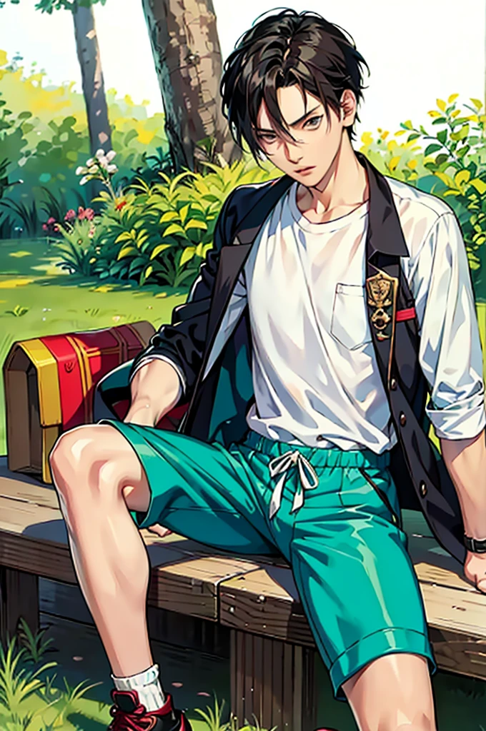 anime boy sitting on a ground, a character portrait, sots art, by Li Shan, levi ackerman, short pants, from yowamushi pedal, eren yeager, realistic anime style at pixiv