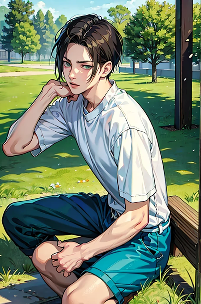 anime boy sitting on a ground, a character portrait, sots art, by Li Shan, levi ackerman, short pants, from yowamushi pedal, eren yeager, realistic anime style at pixiv