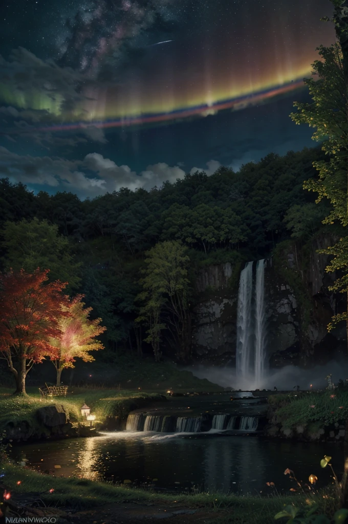 masterpiece, best quality, high quality, cg, 8k, scenery, night, sky, clouds, no man ,lush forest, beautiful waterfall, rainbow, fantasy image, firefly, moonlight, aurora, tree, apple herd,