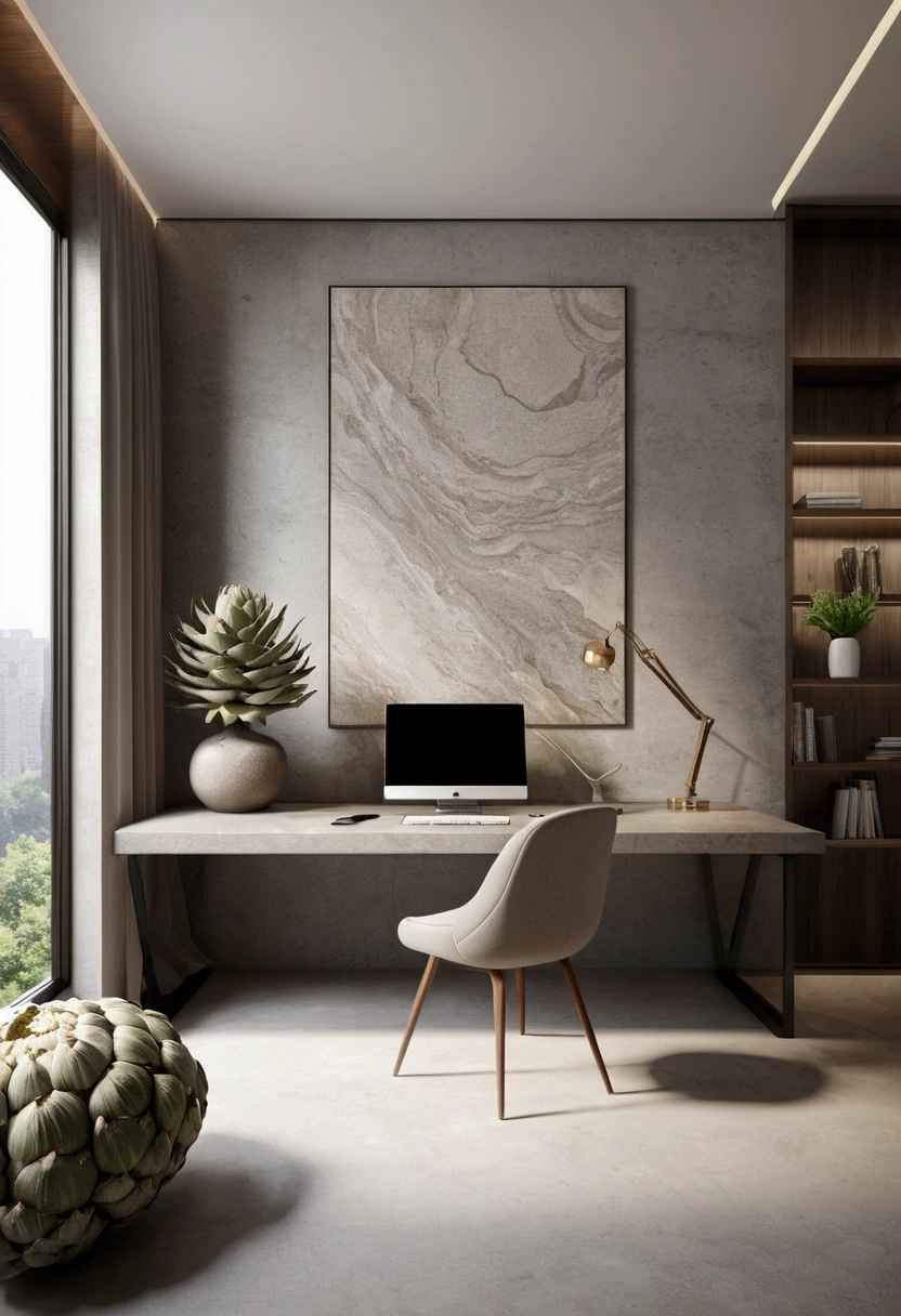 Professional 3d architecture rendering design of modern and minimal architecture office design with art and artichoke and stone color