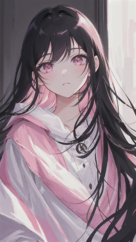 masterpiece, best quality, ultra-detailed, illustration, portrait, 1girl, black_hair, pink eyes, long hair, ,