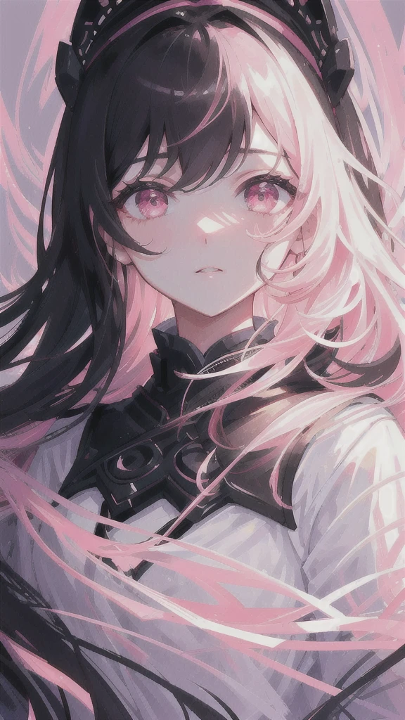 masterpiece, best quality, ultra-detailed, illustration, portrait, 1girl, black_hair, pink eyes,  long hair,  ,