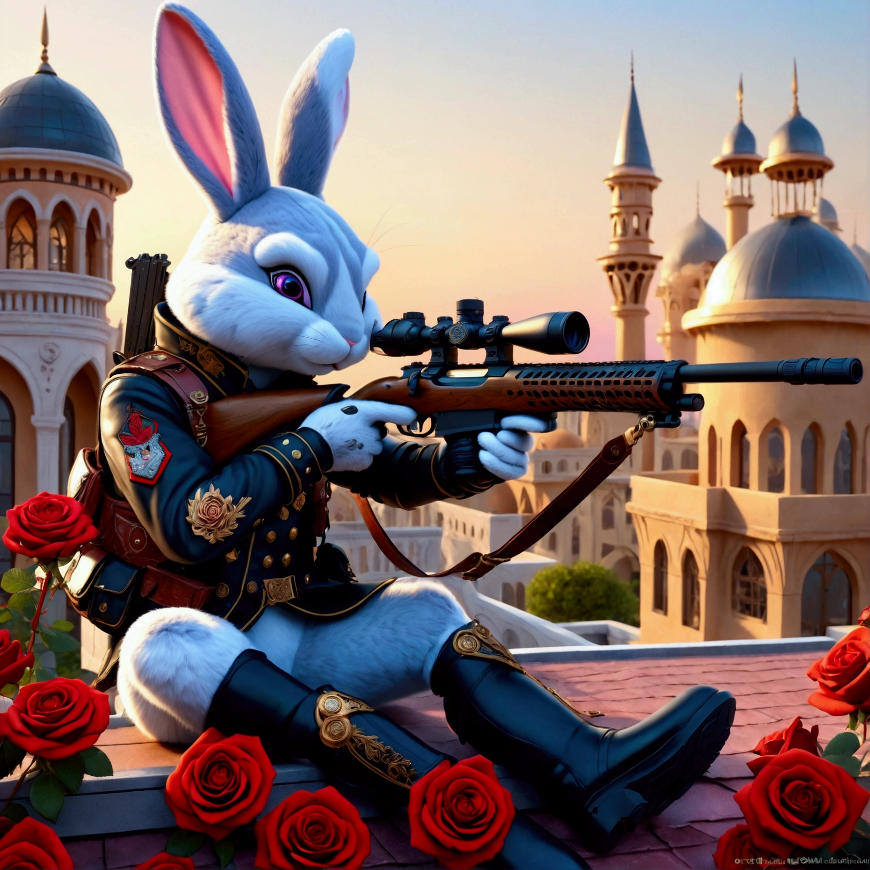 (Close-up front view of anthropomorphic bunny on roof and aiming with elite sniper rifle:1.3), (pointed at the viewer:1.3), black bunny, (rifle has ornate white handle:1.1), (hiding amidst abundance of roses:1.2), (stylish high-neck military jacket:1.1), (leather gloves and boots:1.1), (background is futuristic balcony with Arabian steampunk design:1.1), (beautiful twilight:1.2), bright colors, masterpiece in maximum 16K resolution, best quality, ultra detailed, aesthetics, absurdes.