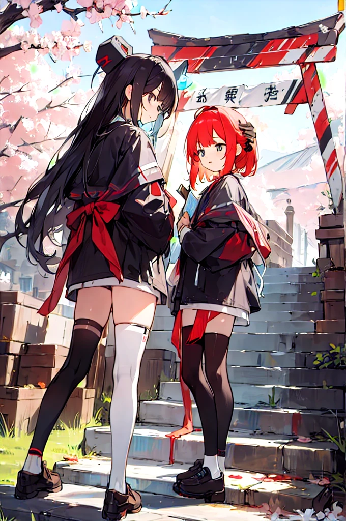 ((head of'artwork,best quality)),2 filles, black kimono, collants noirs, black ribbon, black har, flowerss de cerisier, jour, flowers, hair bun, hair ribbon, ((Kale)), Longhaire, regarder le spectateur, Regarder en arrière, plusieurs filles, heart, En plein air, red eyes, russet hair, ribbon, sandals, single hair bun, stairs, debout, statue, torii, tree, Yellow eyes