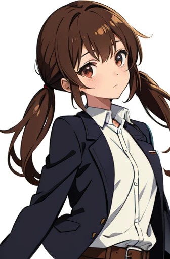 standing, from front, cowboy shot,one girl, deep brown hair, low twin tails, deep brown eyes, white skin, teenager, , Great Joy, high school girl, , jacket/blazer, slim, looking at viewer, white background