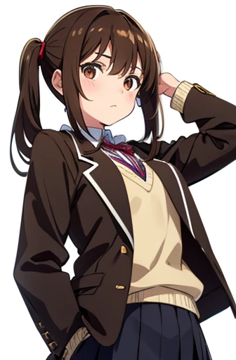 standing, from front, cowboy shot,one girl, deep brown hair, low twin tails, deep brown eyes, white skin, teenager, , Great Joy, high school girl, , jacket/blazer, slim, looking at viewer, white background