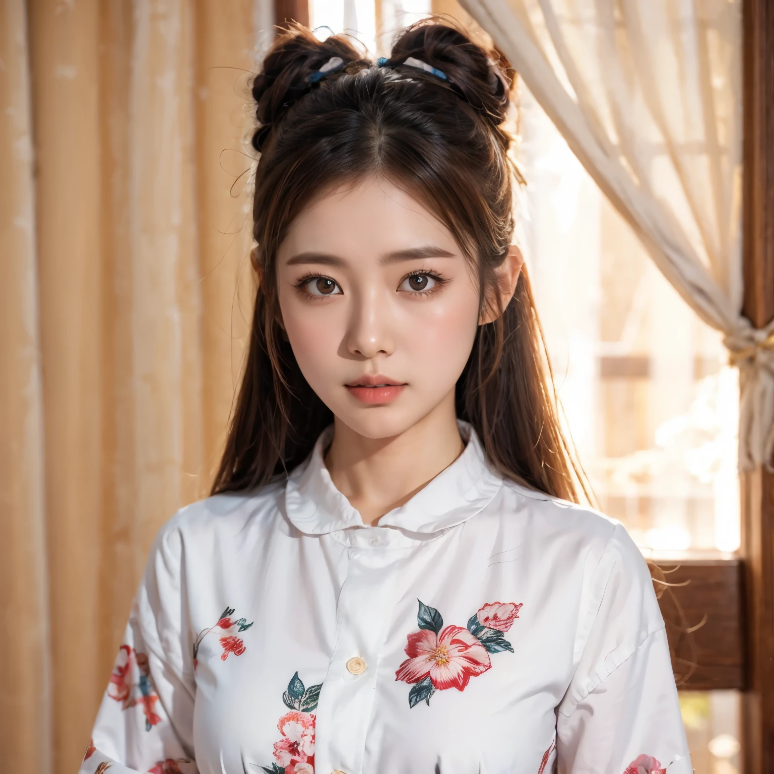 (masterpiece, best quality:1.2), cartoonish character design。1 girl, Solitary，big eyes，Cute expression，Two hair buns，Floral shirt，interesting，interesting，Clear lines