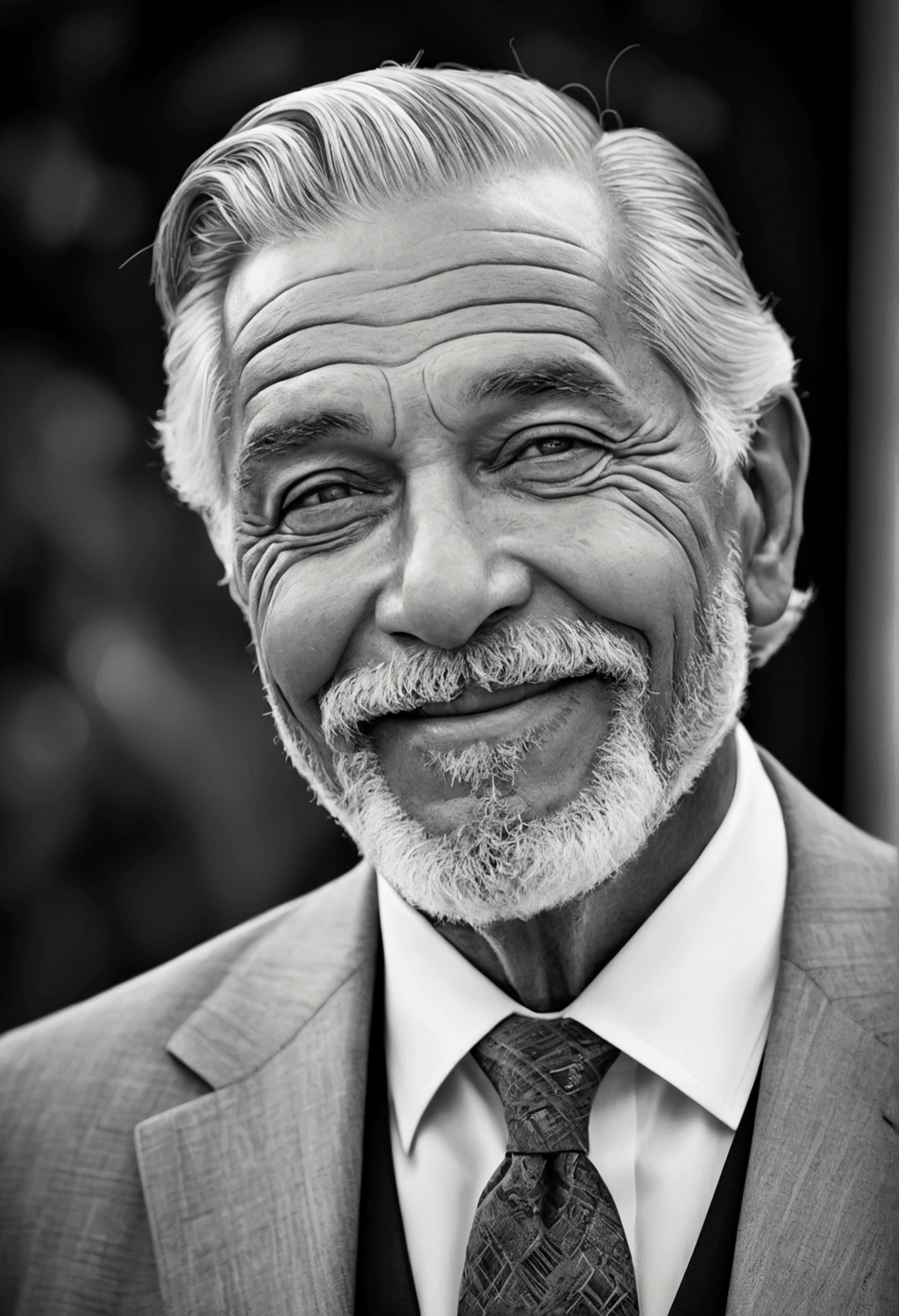 (best quality,highres:1.2),(realistic,photorealistic:1.37),father portrait,loving and caring father,gentle eyes and smile,wisdom and experience,beard and mustache,deep wrinkles and laugh lines,kind-hearted,gray hair,suit and tie,confident expression,old-fashioned charm,soft lighting,classic black and white photography,vivid details,emotional connection,memorable and heartwarming,generations of love,dignity and grace,wise and resilient,strong presence,fatherly love,cherished memories,ageless beauty,unconditional love,admiration and respect,family legacy,thoughtful gaze,eternally cherished,parental guidance and support,role model,unbreakable bond,profound wisdom and love,greatest teacher,unforgettable moments,forever treasured.