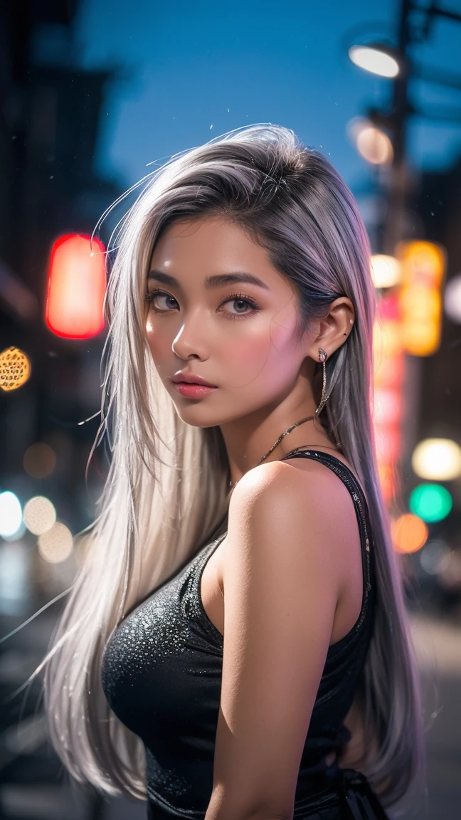1人of女of子,alone,Long Hair,Rough skin,(View your viewers:1.2)Silver Hair,micro_Shorts,(depth_of_Field:1.5),Outdoor,street,目of間of毛,Daytime,lamp post,Available Light,Rim Light,Shining neon lights,Curvy,Japanese_style,