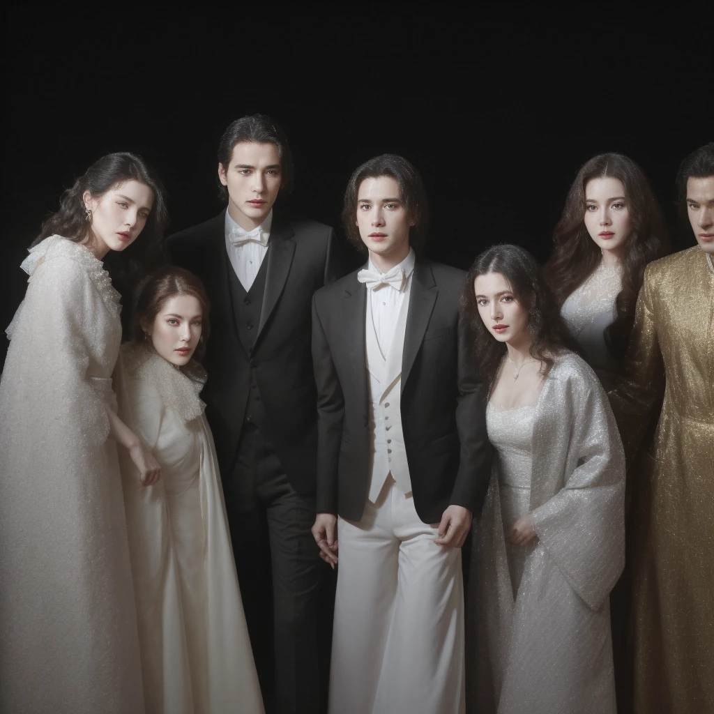 Three men and three women are standing on the opera stage, the three men are wearing black suits and the three women are wearing elegant long white dresses, close up, realistic photo