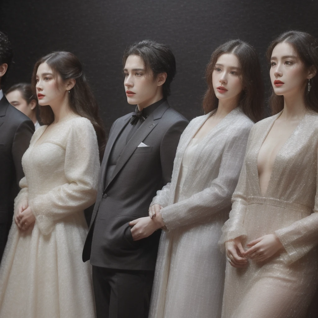 Three men and three women are standing on the opera stage, the three men are wearing black suits and the three women are wearing elegant long white dresses, close up, realistic photo
