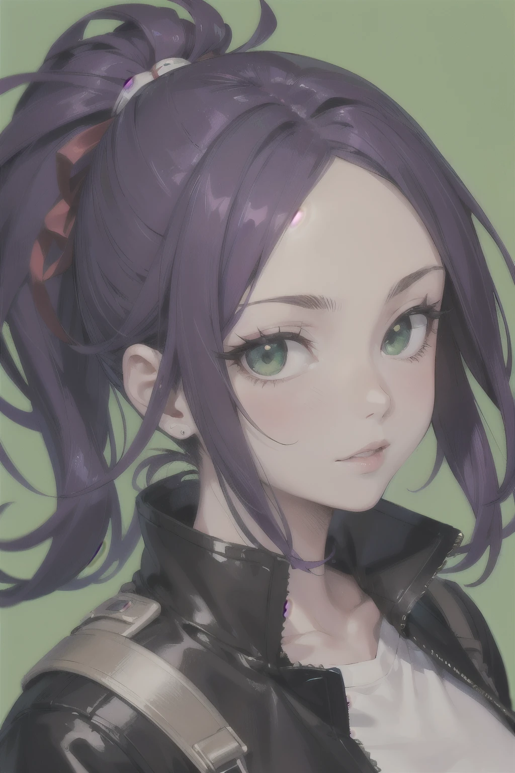 Portrait american girl with medium purple hair in a ponytail green eyes in the style of my hero academia