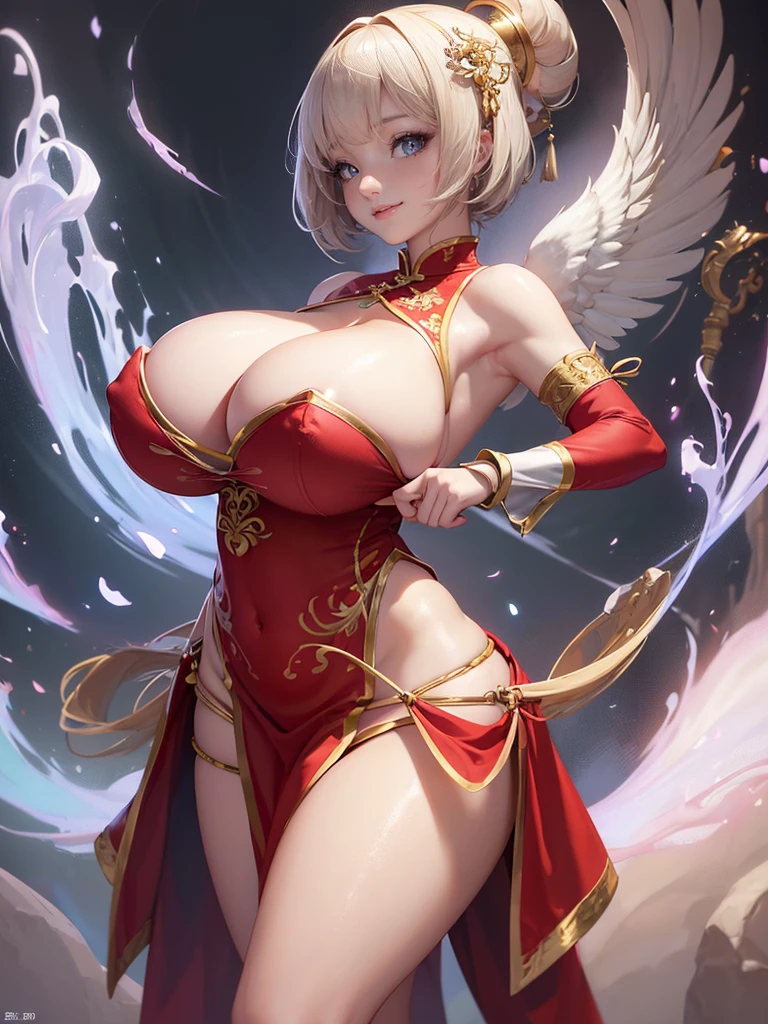 Highly detailed CG unit 8k wallpaper, masterpiece, High resolution, highest quality, highest quality real texture skin, Super Real, Digital Painting, Best image quality, 最High resolution, 8k, ((Highly detailed eyes and face)), 1girl, Beautiful eyes every detail, Full Body Shot, profile, (((Saggy breasts, Gravity-dependent breasts, long chest, Heavy chest, ))), ((disproportionate breasts, huge breasts, sagging breasts, Cleavage, gigantic breasts, erect nipple,)), short hair, slender, Tube top, Loincloth, Chinese style embroidery, china dress, chinese dress, ancient China, evil grin, smile,