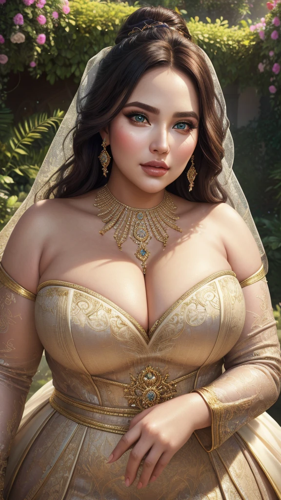 a wide woman, hyper-realistic, high quality, volumetric lighting, highly detailed, award winning photographer, dramatic lighting, beautiful detailed face, beautiful detailed eyes, beautiful detailed lips, flawless skin, luxurious dress, graceful pose, serene expression, lush garden background, vibrant colors, cinematic composition, masterpiece