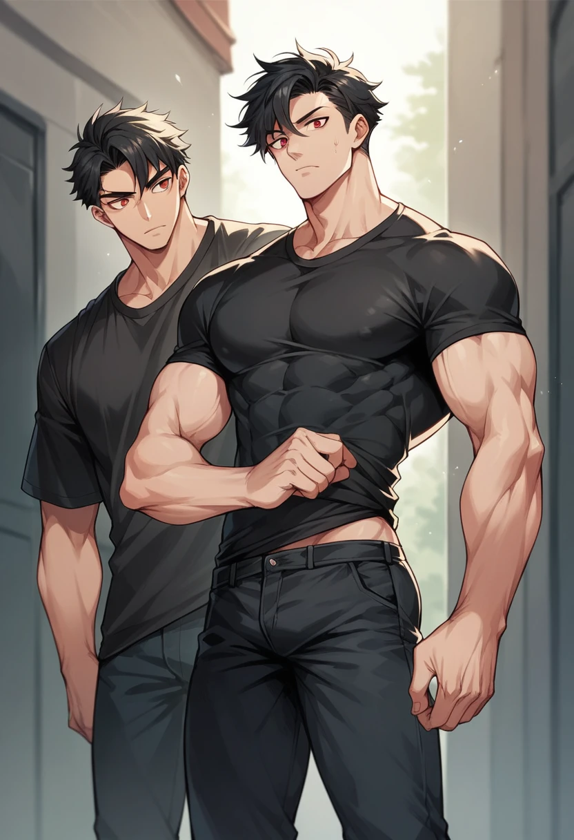 1 boy, tall, muscular, long black hair, red eyes, black t shirt, black pants